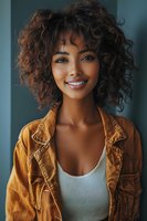Young African American woman with curly hair smiling warmly in casual denim jacket and tank top for lifestyle and fashion content.