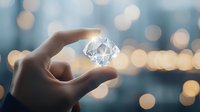 Glowing crystal held between fingers against blurred bokeh lights background, creating magical atmosphere with soft illumination and ethereal glow effect.