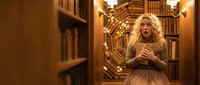 Young blonde woman reading book in cozy library with warm lighting and wooden bookshelves creating atmospheric literary scene for education and learning concepts.