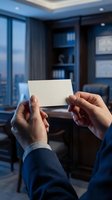 Professional businessman hands holding blank white business card in modern corporate office with city view for networking and brand identity mockup.
