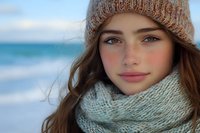 Young woman in knit hat and scarf enjoying winter day at snowy beach with ocean waves in background for seasonal lifestyle content.