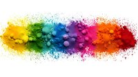 Vibrant rainbow spectrum of colorful powder pigments arranged in a horizontal line against white background, perfect for creative design projects.