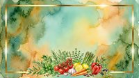 Watercolor garden vegetables with fresh tomatoes, peppers and herbs arranged on soft yellow and green wash background with gold frame border for culinary design.