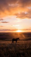 Horse silhouette grazing in golden prairie grassland during dramatic sunset with warm orange sky and rolling hills landscape for western ranch themes.