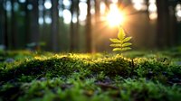 Young green fern sprout growing through moss in sunlit forest at sunrise, symbolizing new beginnings, hope and environmental conservation concept.