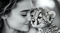 Tender moment between young woman and baby cheetah cub in black and white portrait showing connection between human and wildlife.