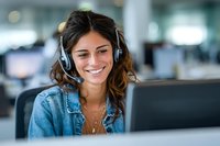 Young Hispanic woman with headset smiling while working at computer in modern office environment. Professional customer service representative providing support.