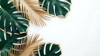 Tropical leaves frame with golden palm fronds and green monstera on white background for summer design projects and botanical decorations.