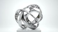 Modern silver metallic abstract sculpture with intertwined curved ribbons creating geometric knot shape on white background for contemporary art and design.