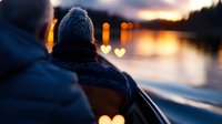 Romantic couple watching sunset by lake, bokeh heart lights in background create dreamy atmosphere. Cozy winter clothing, intimate moment captured from behind.