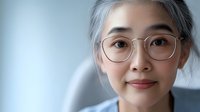 Young Asian woman with silver gray hair and round glasses smiling gently at camera, wearing business attire against soft blue background, expressing confidence and professionalism.