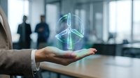 Businessman holding holographic wind turbine in modern office, showcasing renewable energy technology and sustainable business solutions for corporate presentations.