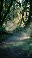 Misty forest path with sunlight filtering through dense canopy and towering trees, creating atmospheric woodland scene for nature and travel projects.