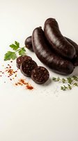 Dark blood sausage with herbs and spices on white background, traditional European cuisine ingredient for gourmet cooking and culinary presentations.