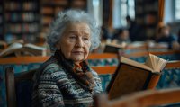 Senior Asian woman with silver hair wearing patterned sweater reading book in library setting, warm atmospheric lighting creates nostalgic mood for aging and wisdom concepts.