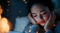 Young Asian woman experiencing headache or stress in cozy evening setting with warm bokeh lights. Mental health, wellness, fatigue concept.