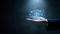 Digital security shield and protection icons floating above an open palm, representing cybersecurity, data protection, and safe network technology solutions for business.