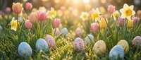 Colorful Easter eggs nestled in green grass with pink tulips and white daffodils blooming in warm golden sunlight creating festive spring holiday scene.