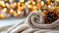Cozy winter composition with rolled soft blanket and decorative pine cone against blurred golden bokeh lights creating warm holiday atmosphere.