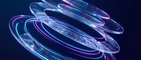 Futuristic holographic rings with neon blue and purple glow creating dynamic spiral motion against dark background for technology and sci-fi concepts.