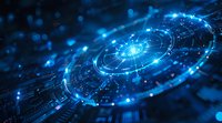 Futuristic blue digital technology circular interface with glowing elements and data visualization on dark background.