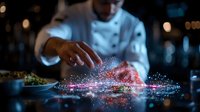Male Asian chef sprinkling colorful seasoning powder over dish creating magical light effect in dark restaurant kitchen. Dramatic food photography with bokeh background.