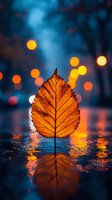 Autumn leaf with orange bokeh lights reflecting in water against dark blue background, creating magical atmosphere with glowing warm tones and mirror effect.