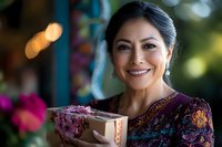 Mature Asian woman in elegant purple floral dress holding wrapped gift box, expressing genuine joy with bright smile against blurred festive background with bokeh lights.