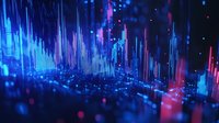 Digital audio waves visualization in vibrant blue and red neon colors against dark background with bokeh effect and glowing particles for music production and sound design.