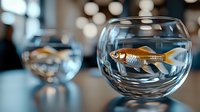 Goldfish swimming in clear glass bowl with blurred interior background, suitable for pet care, aquarium, and lifestyle design projects.