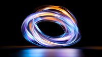 Glowing light trails form dynamic circular motion against dark background with blue reflection on surface, creating abstract luminous ring pattern.