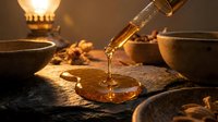 Oil dripping from bottle onto wooden surface with bowls and warm lighting, suitable for culinary, wellness, and cooking content.