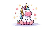 Cute rainbow-maned unicorn sitting with closed eyes, surrounded by hearts and sparkles on white background. Cartoon character for children's designs and nursery decor.