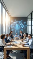 Diverse business team meeting in modern conference room with digital cloud computing network hologram displaying data security and connectivity icons.