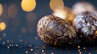 Decorative Easter eggs with floral pattern and golden ornaments on dark background with bokeh lights and glitter. Festive holiday composition.
