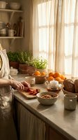 Woman preparing healthy breakfast in cozy rustic kitchen with fresh fruits, herbs and natural morning light streaming through window.