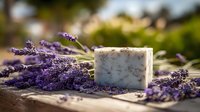 Handmade lavender soap bar with dried purple lavender flowers on rustic wooden surface for natural skincare and aromatherapy spa treatments.