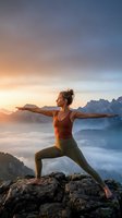 Young athletic woman practicing yoga warrior pose on mountain peak at sunrise with dramatic sky and clouds below for wellness and fitness content.