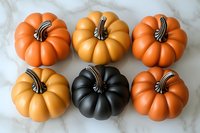 Orange, yellow and black decorative pumpkins arranged in two rows on marble background. Seasonal autumn decor for Halloween and fall celebrations.