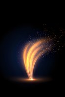 Glowing magical light fountain effect with sparkling particles rising against dark background, orange and yellow luminous streams creating ethereal atmosphere.