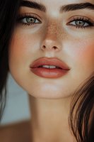 Close up portrait of young woman with freckles, green eyes, and coral lipstick showing natural beauty and flawless skin in soft daylight.