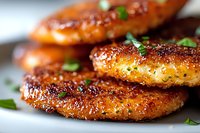Juicy glazed chicken cutlets with golden-brown crust and fresh herbs garnish on white plate, macro food photography showing crispy texture and caramelized surface.