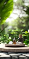 Essential oil bottles with crystal stones on wooden tray against lush green foliage background, creating serene spa atmosphere for wellness treatments.