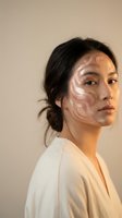Young Asian woman with decorative face paint in swirling patterns wearing white robe against neutral background for beauty and wellness concepts.