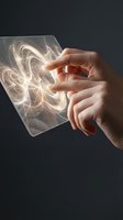 Hand holding glowing abstract light energy swirl on dark background, representing innovation, technology, creativity, and digital transformation for design projects.