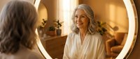 Mature blonde woman in white robe smiling at mirror reflection in warm bathroom lighting for skincare and wellness lifestyle content.