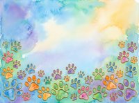 Colorful watercolor paw prints in rainbow hues border a soft pastel gradient background, ideal for pet-related designs, animal lovers' projects, and veterinary marketing materials.