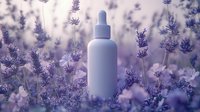 White cosmetic dropper bottle mockup surrounded by blooming lavender flowers in soft purple light, natural skincare product presentation in garden setting.