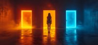 Silhouette of woman standing before three glowing neon doorways in foggy dark space, creating dramatic futuristic atmosphere for conceptual design.