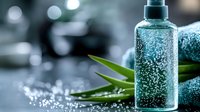 Refreshing aloe vera gel bottle with bubbles and green leaves for skincare and spa treatments on blurred background.